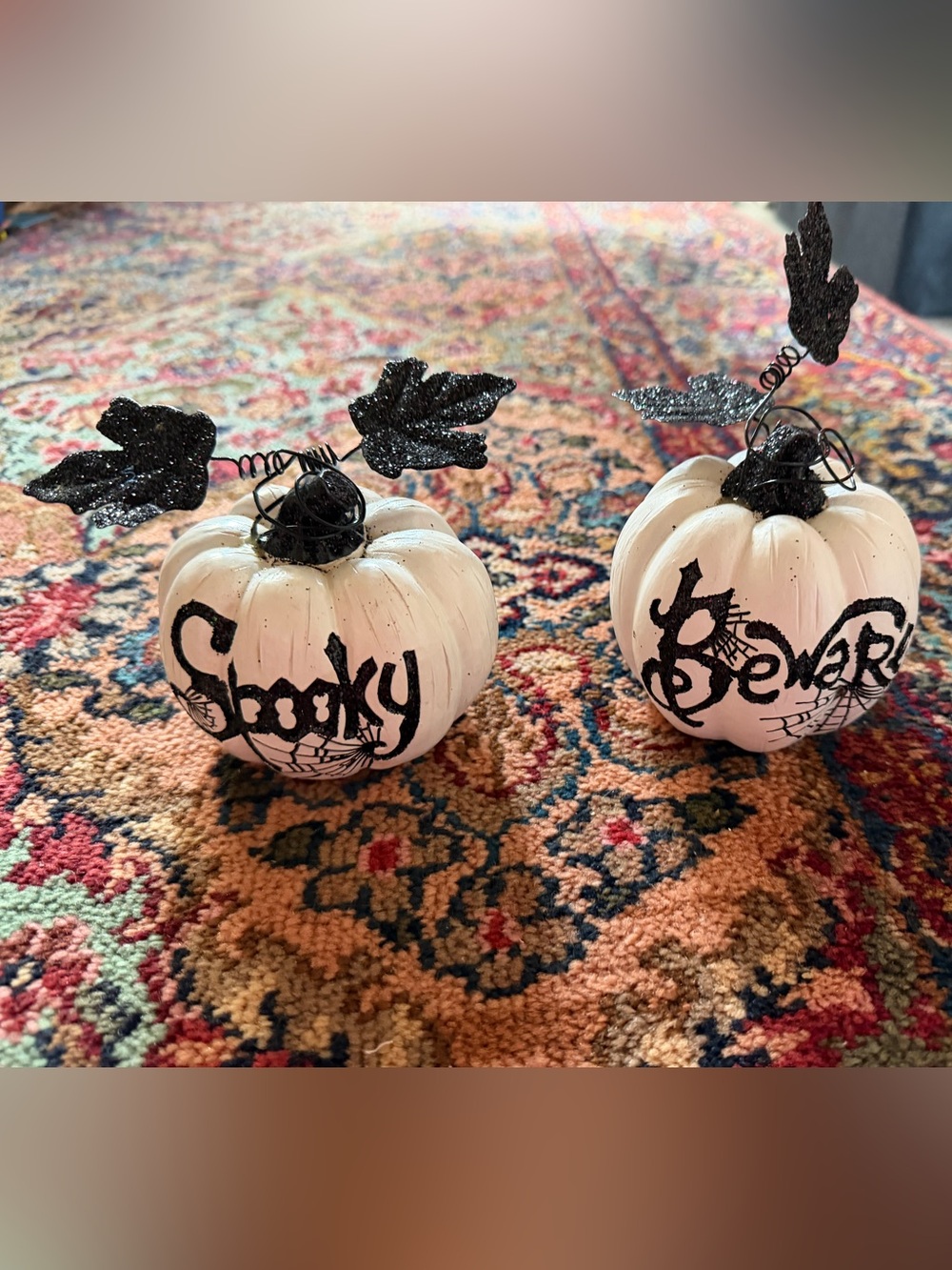Decorative White Mini Pumpkins with Glitter Spooky & Beware